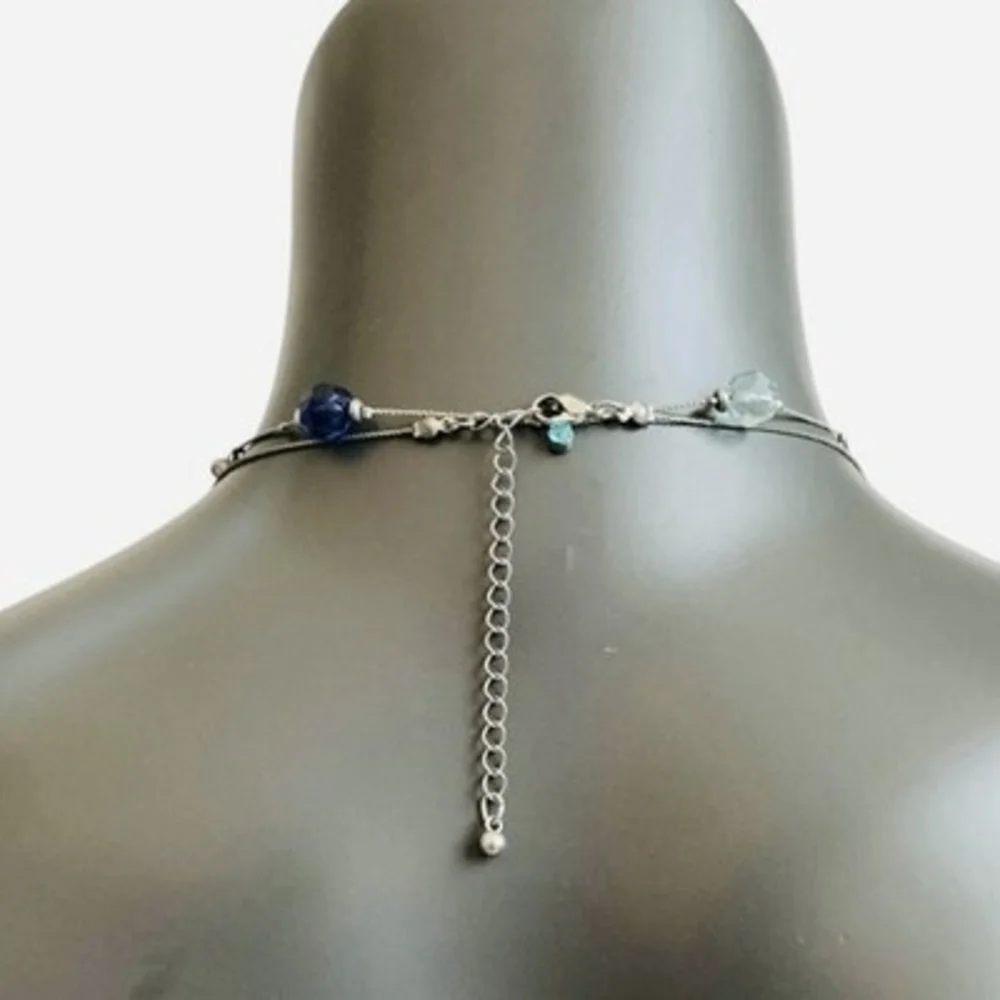 Vintage Silver Tone Multilayered Blue & Violet Crystal Stations Necklace 70